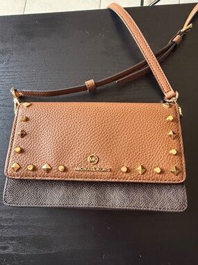 Michael Kors Two-Tone Brown Pebbled Leather Studded iPhone wallet Crossbody